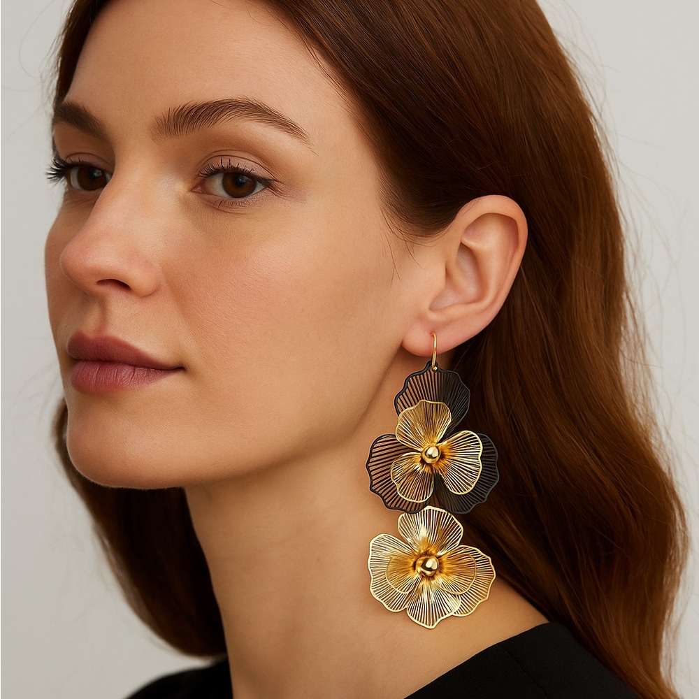 Floral Golden Double Layer Drop Earrings